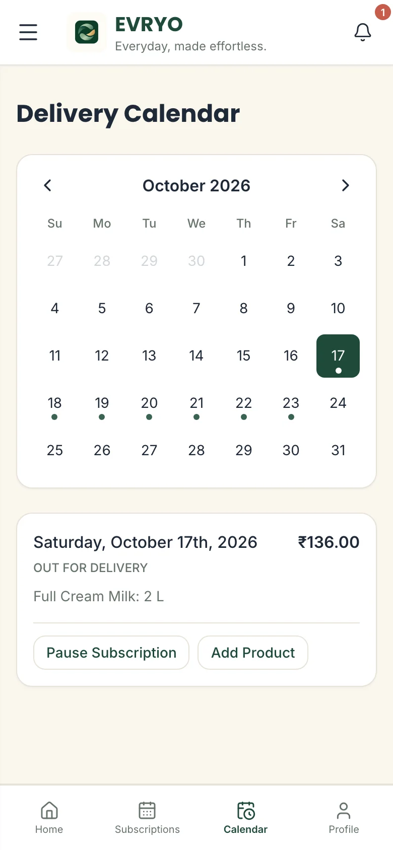 EVRYO customer Delivery Calendar with upcoming deliveries and Pause Subscription.