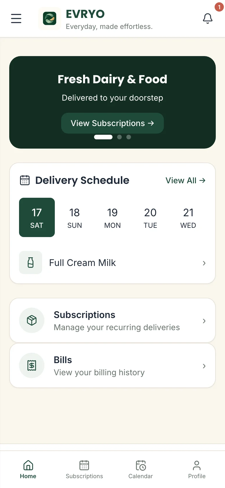 EVRYO customer Home screen with the delivery schedule, subscriptions and bills.