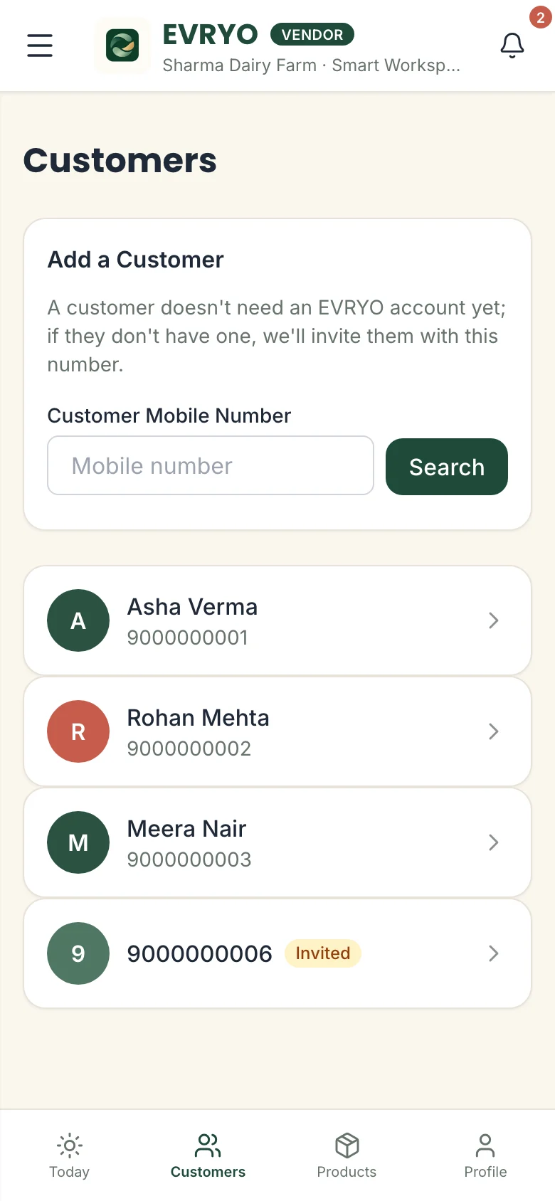EVRYO Customers screen listing customers, including an invited one.