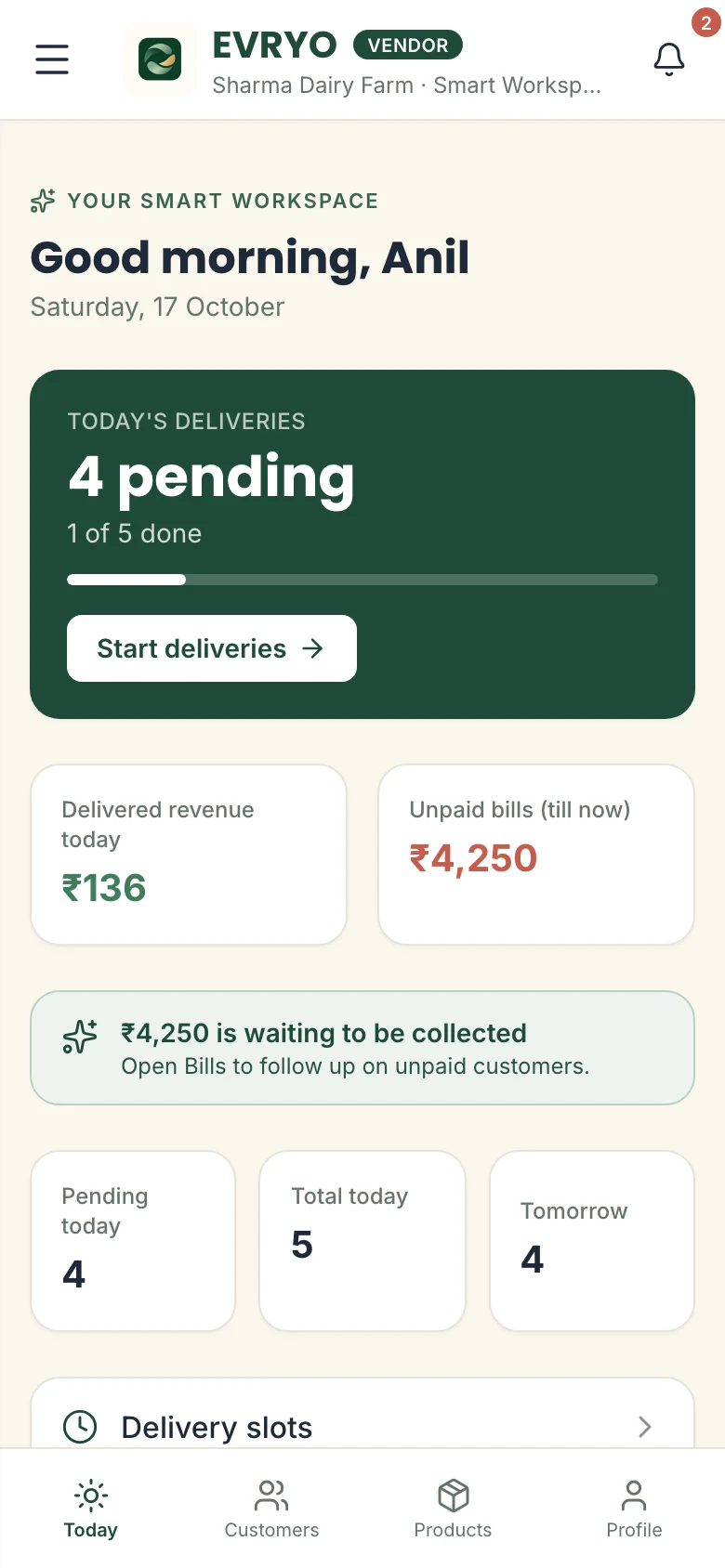 EVRYO Today screen showing pending deliveries, revenue and unpaid bills.